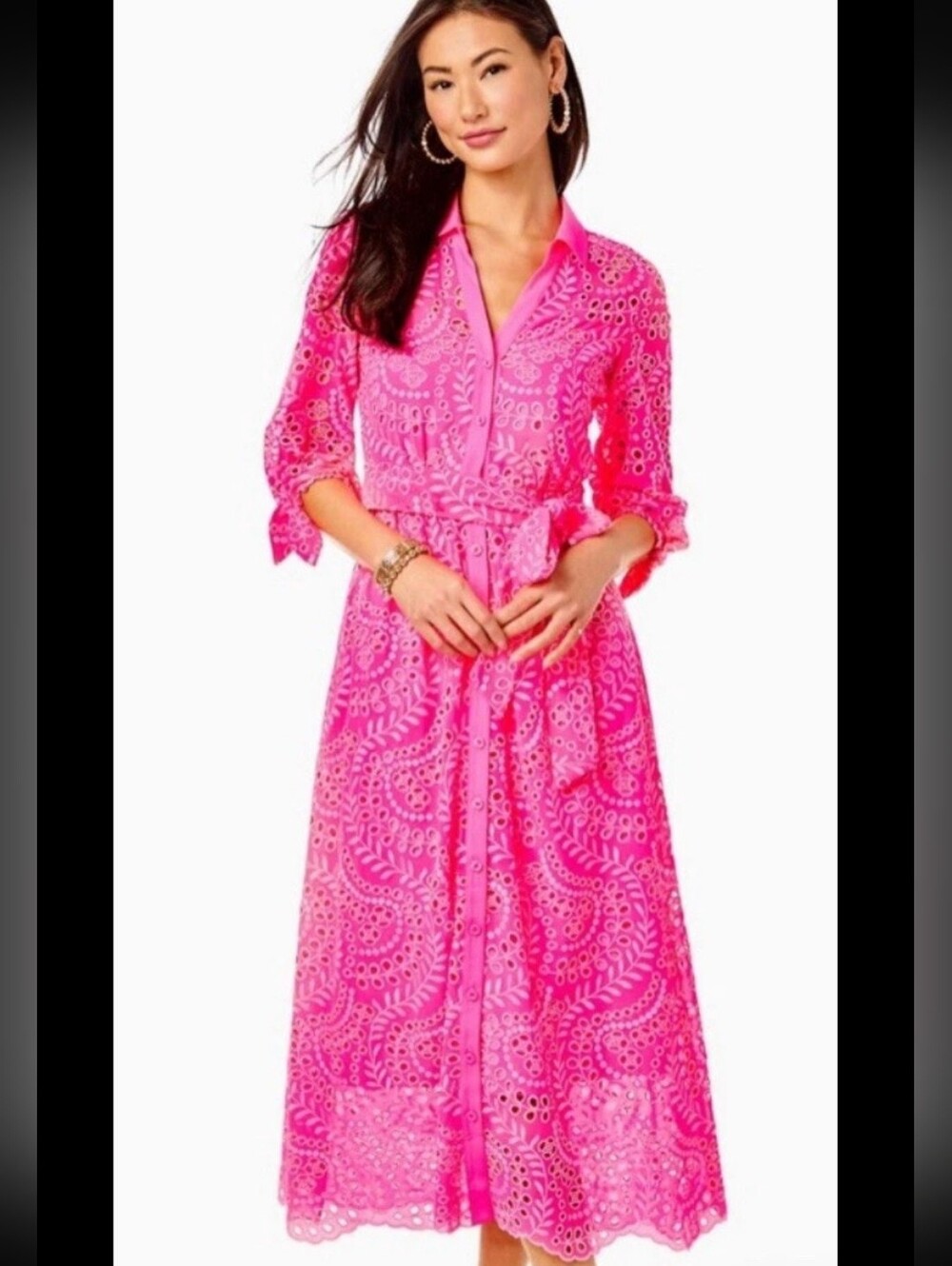 Lilly Pulitzer Amrita Midi Dress Sz 14 Swirl Fern Scallop Eyelet Pink $348